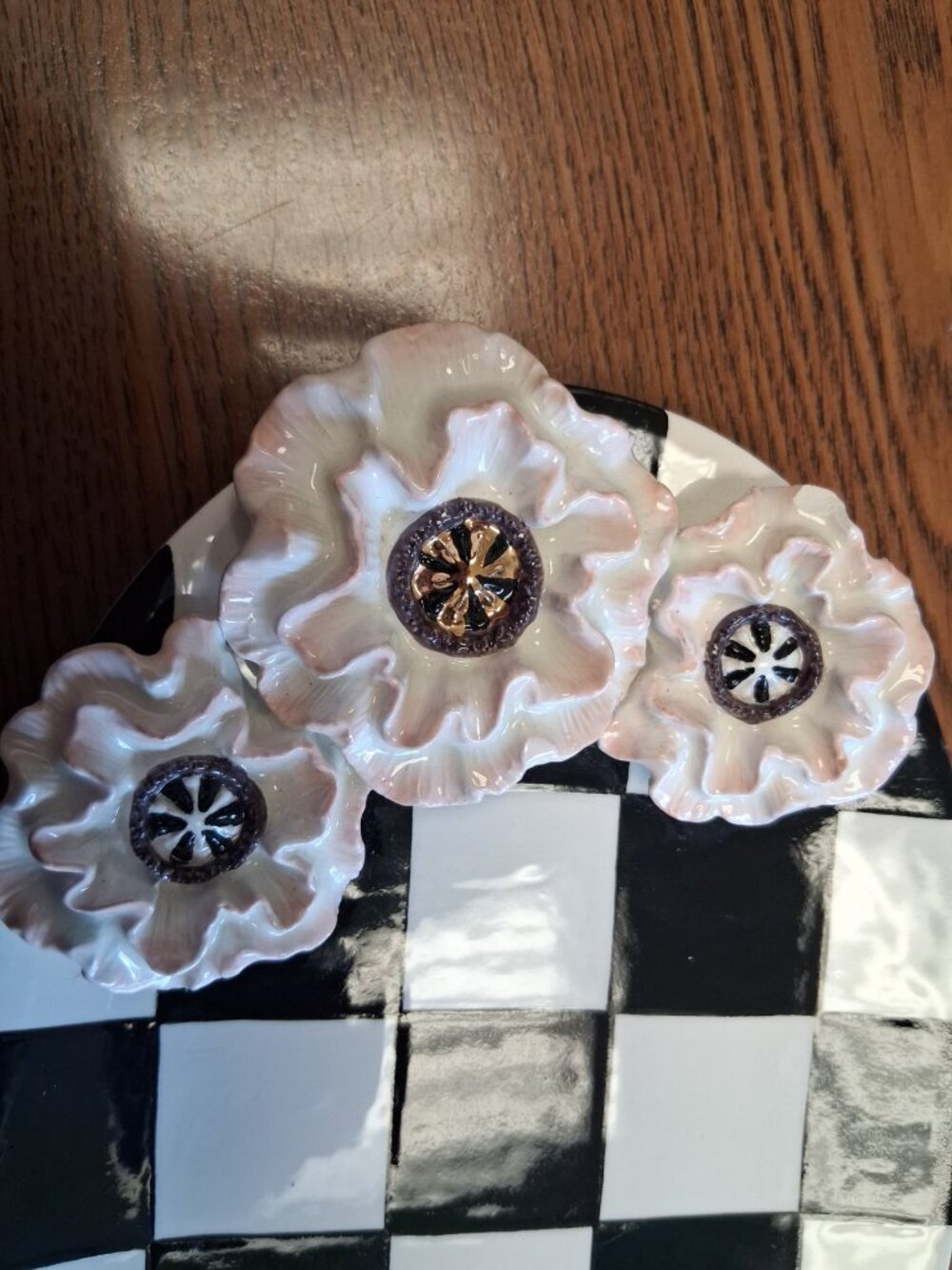 Mackenzie Childs Blush Poppy Check Trinket Dish - Small Chip😢